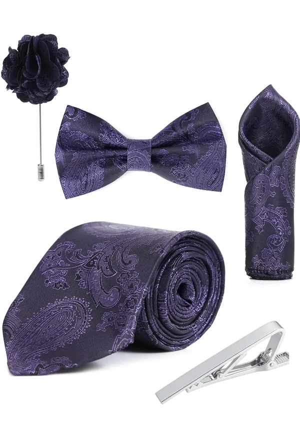 Random_Stripe_Necktie_Set_With_Bow_Tie_Pocket_Square_Lapel_Flowar_&_Lapel_Brooch_&_Cufflink_Pair_&_TiePin_(Three_Type_Combo_Box)