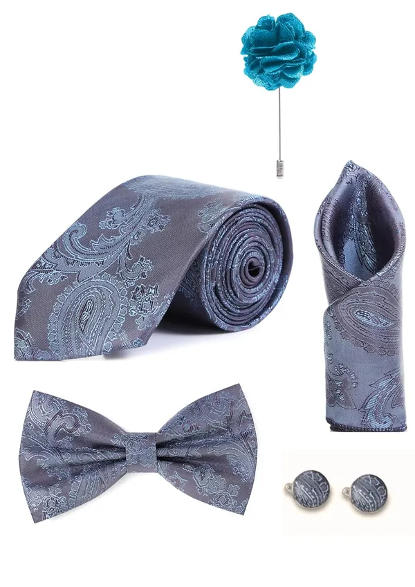 Random_Stripe_Necktie_For_Men_With_Bow_Ties_Lapel_Flowar_&_Cufflinks_Pair_Jacquard_Self-Design_Combo_stylish_Box_(5_items_in_The_Box)