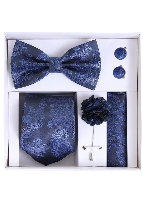 Random_Stripe_Necktie_Set_With_Bow_Tie_Pocket_Square_Lapel_Flowar_&_Lapel_Brooch_&_Cufflink_Pair_&_TiePin_(Three_Type_Combo_Box)