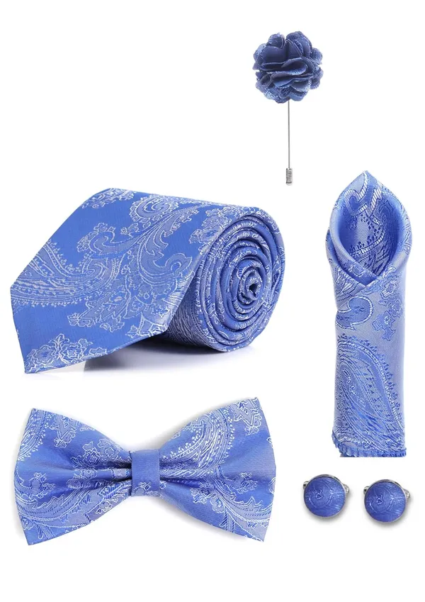 Random_Stripe_Necktie_For_Men_With_Bow_Ties_Lapel_Flowar_&_Cufflinks_Pair_Jacquard_Self-Design_Combo_stylish_Box_(5_items_in_The_Box)