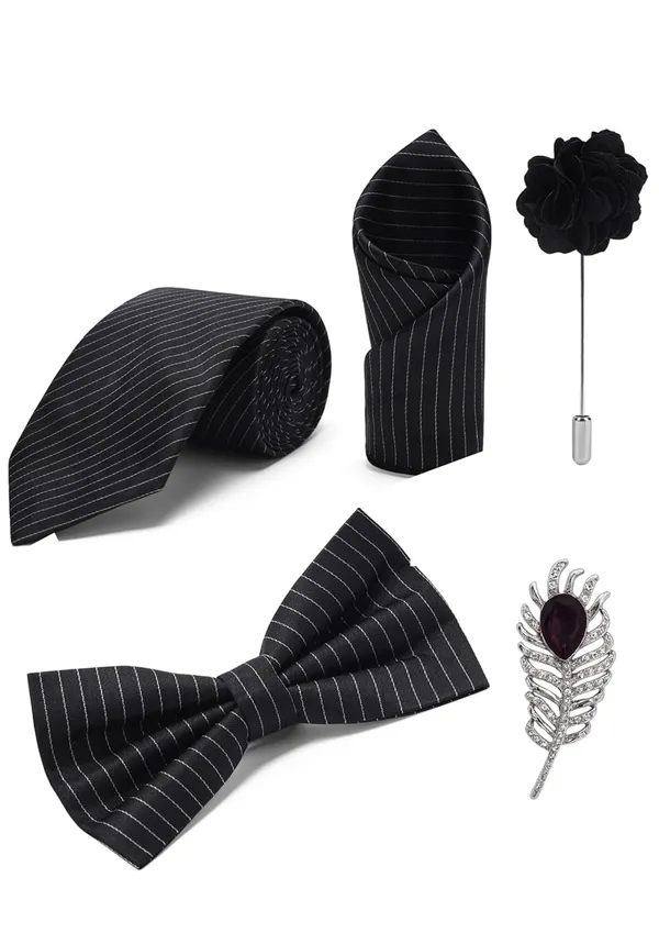 Random_Stripe_Necktie_Set_With_Bow_Tie_Pocket_Square_Lapel_Pin_Flowar_&_Brooch_(Pack_of_5)