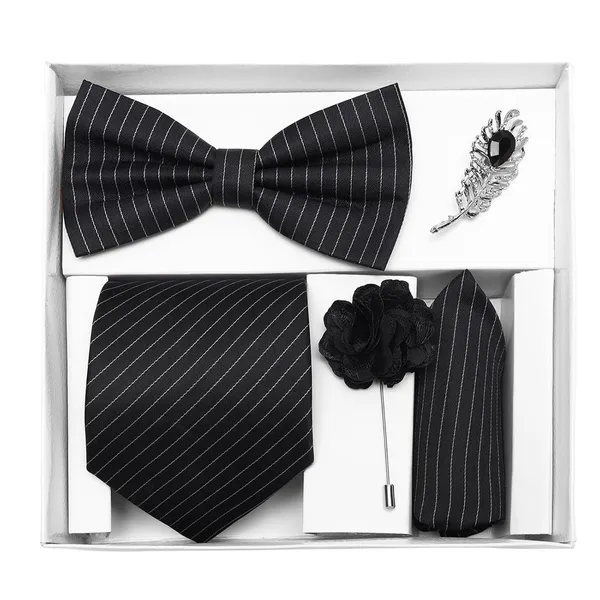 Random_Stripe_Necktie_Set_With_Bow_Tie_Pocket_Square_Lapel_Pin_Flowar_&_Brooch_(Pack_of_5)