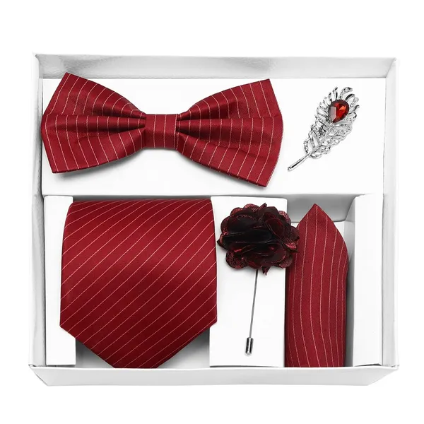 Random_Stripe_Necktie_Set_With_Bow_Tie_Pocket_Square_Lapel_Pin_Flowar_&_Brooch_(Pack_of_5)