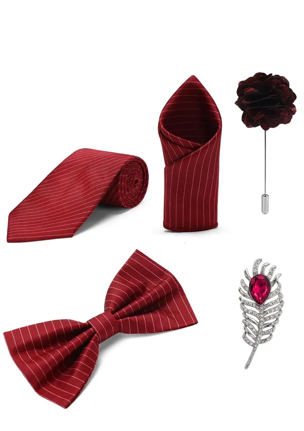 Random_Stripe_Necktie_Set_With_Bow_Tie_Pocket_Square_Lapel_Pin_Flowar_&_Brooch_(Pack_of_5)