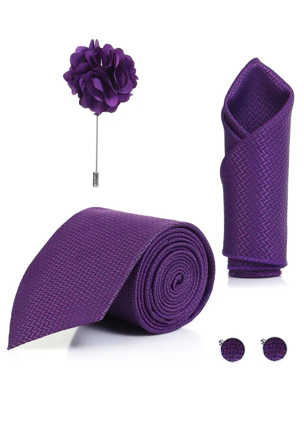 Random_Stripe_Necktie_Set_With_Pocket_Square_Lapel_Pin_Flowar_&_Cufflink_Pair_Pack_Of_4_Ficro_Fiber_Self-Design