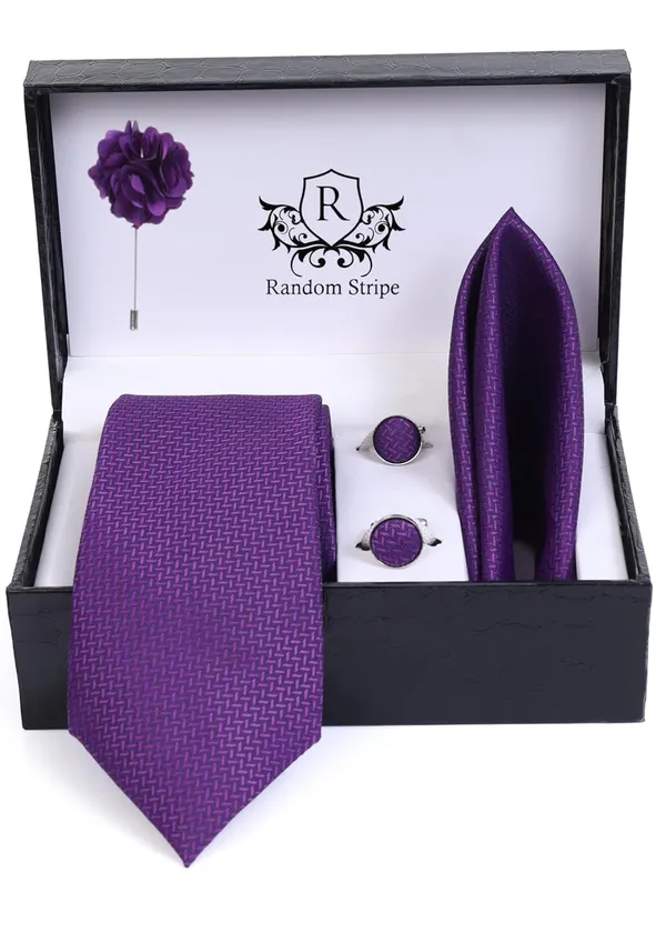Random_Stripe_Necktie_Set_With_Pocket_Square_Lapel_Pin_Flowar_&_Cufflink_Pair_Pack_Of_4_Ficro_Fiber_Self-Design
