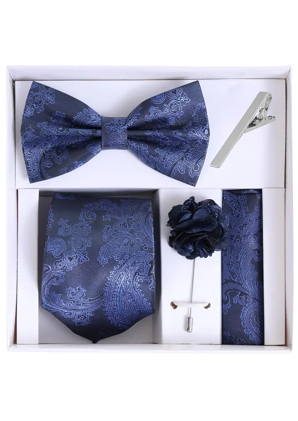Random_Stripe_Necktie_Set_For_Men_With_Bow_Tie_Lapel_Flowar_&_TiePin_Jacquard_Self-Design_Combo_With_Stylish_Box_Pack_Of_5