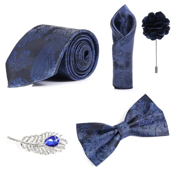 Random_Stripe_Necktie_For_Men_Set_With_Pocket_Square_&_Bow_Tie_Lapel_Pin_Flowar_Pack_of_5