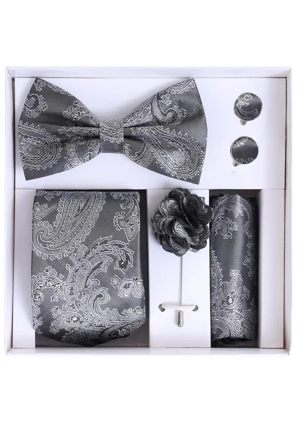 Random_Stripe_Necktie_Set_With_Bow_Tie_Pocket_Square_Lapel_Flowar_&_Lapel_Brooch_&_Cufflink_Pair_&_TiePin_(Three_Type_Combo_Box)