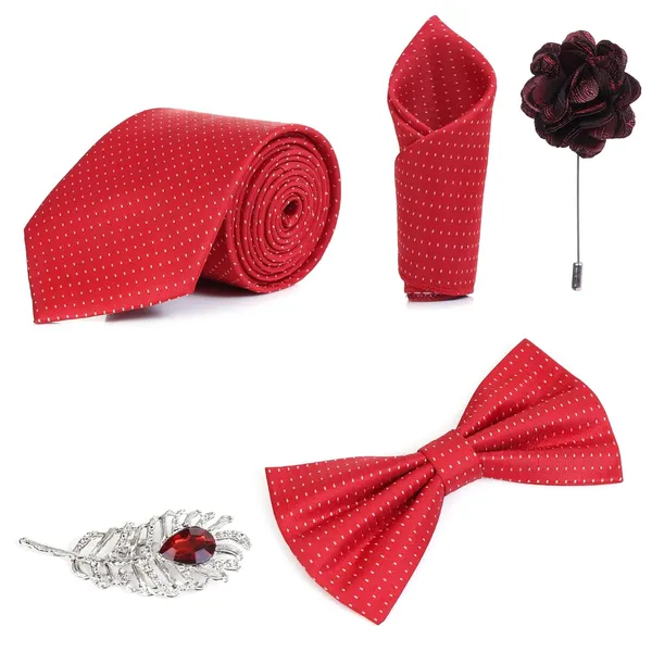 Random_Stripe_Necktie_Set_With_Bow_Tie_Pocket_Square_Lapel_Flowar_&_Lapel_Brooch_(Pack_Of_5_items)