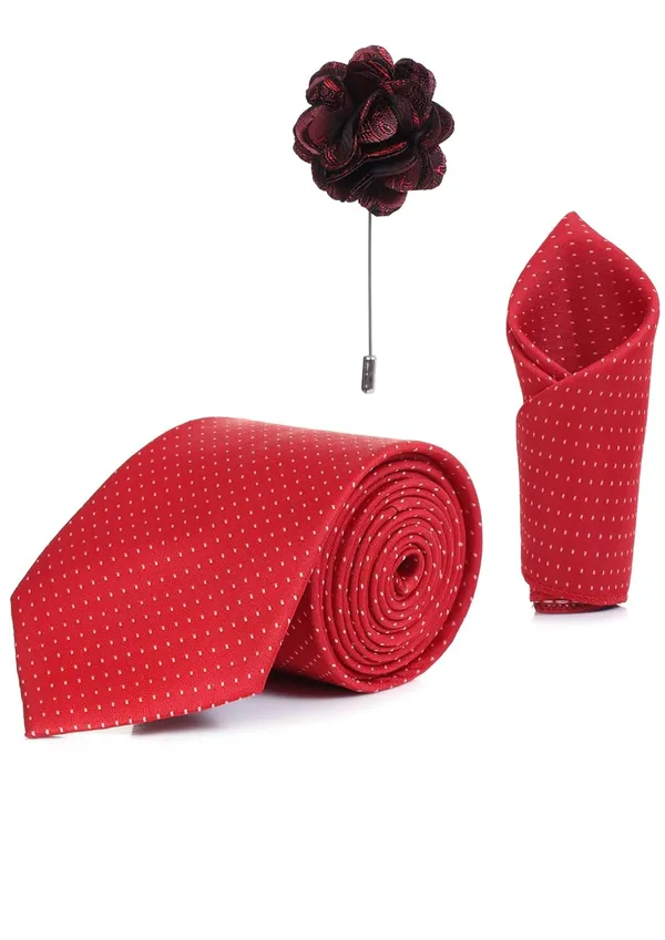 Random_Stripe_Necktie_Set_With_Bow_Tie_Pocket_Square_Lapel_Flowar_&_Lapel_Brooch_(Pack_Of_5_items)