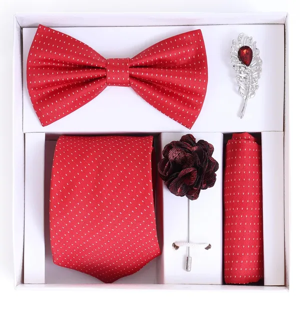 Random_Stripe_Necktie_Set_With_Bow_Tie_Pocket_Square_Lapel_Flowar_&_Lapel_Brooch_(Pack_Of_5_items)