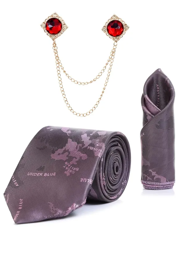 Random_Stripe_Necktie_Set_With_Pocket_Square_&_Double_Chain_Brooch_Pack_Of_3_jacquard_fabric_self_Design_World_Map_Print