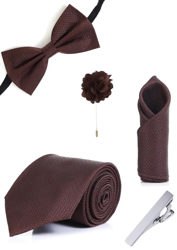 5-in-1_Premium_Formal_Combo_Set_for_Men_|_Necktie,_Bow_Tie,_Pocket_Square,_Lapel_Pin_&_Tie_Clip_|_Maroon_Patterned_Design_|_Wedding_&_Office_Gift_Set
