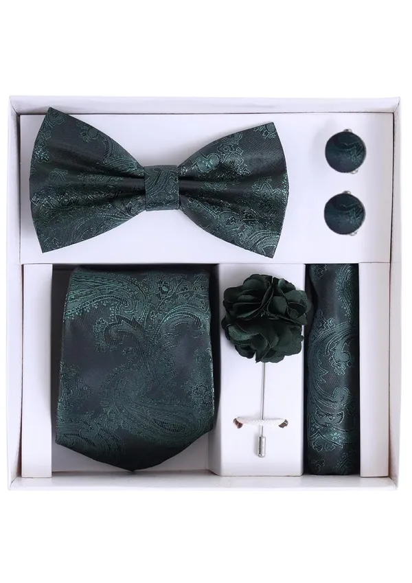 Random_Stripe_Necktie_For_Men_With_Bow_Ties_Lapel_Flowar_&_Cufflinks_Pair_Jacquard_Self-Design_Combo_stylish_Box_(5_items_in_The_Box)