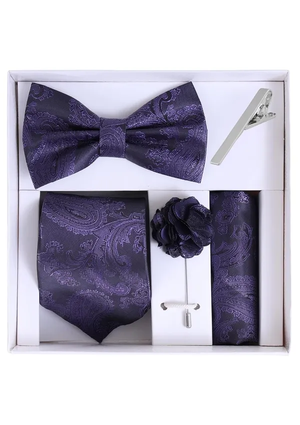 Random_Stripe_Necktie_Set_For_Men_With_Bow_Tie_Lapel_Flowar_&_TiePin_Jacquard_Self-Design_Combo_With_Stylish_Box_Pack_Of_5