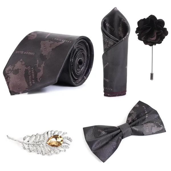 Random_Stripe_Necktie_Set_For_Men_With_Bow_Tie_&_Pocket_Square_Lapel_Pin_Flowar_(Pack_of_5)
