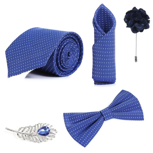 Random_Stripe_Necktie_Set_With_Bow_Tie_Pocket_Square_Lapel_Flowar_&_Lapel_Brooch_(Pack_Of_5_items)