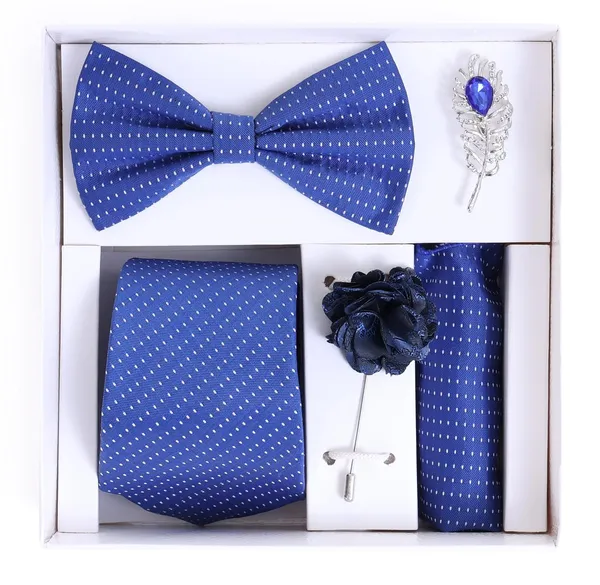 Random_Stripe_Necktie_Set_With_Bow_Tie_Pocket_Square_Lapel_Flowar_&_Lapel_Brooch_(Pack_Of_5_items)