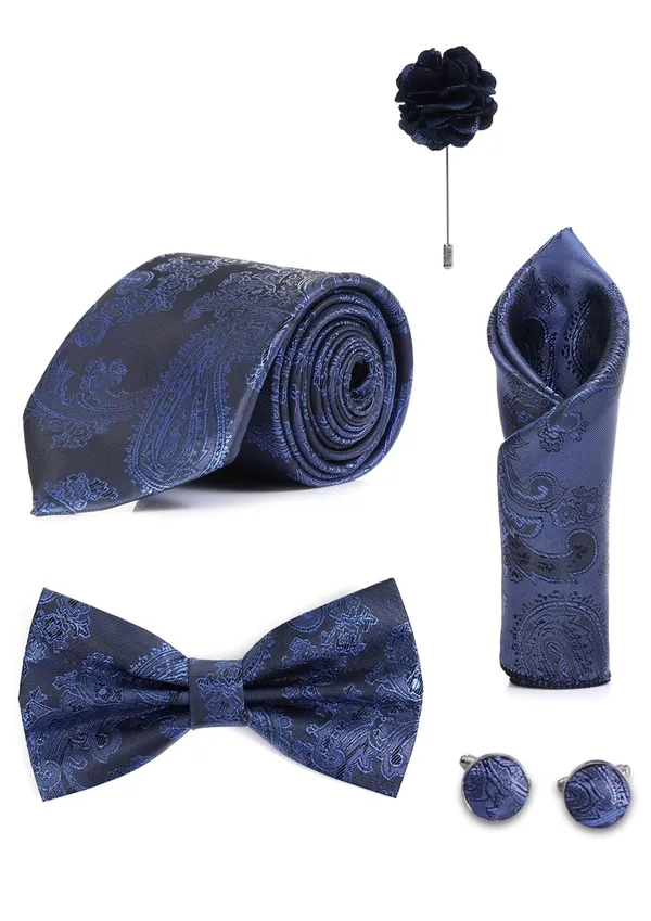 Random_Stripe_Necktie_For_Men_With_Bow_Ties_Lapel_Flowar_&_Cufflinks_Pair_Jacquard_Self-Design_Combo_stylish_Box_(5_items_in_The_Box)