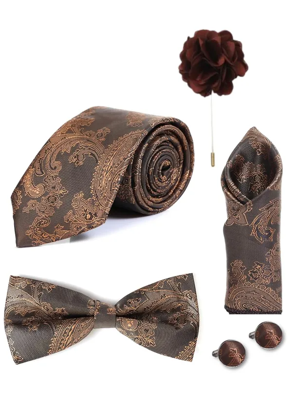 Random_Stripe_Necktie_For_Men_With_Bow_Ties_Lapel_Flowar_&_Cufflinks_Pair_Jacquard_Self-Design_Combo_stylish_Box_(5_items_in_The_Box)
