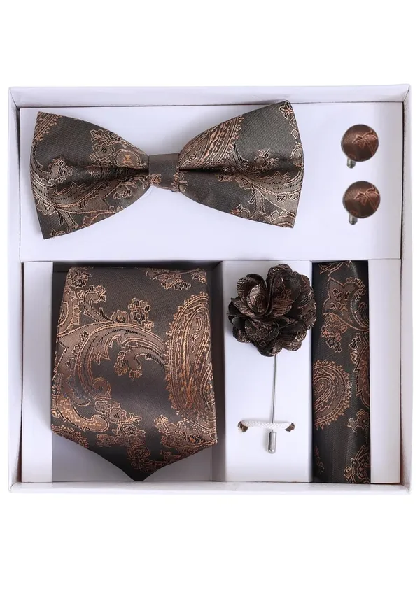 Random_Stripe_Necktie_For_Men_With_Bow_Ties_Lapel_Flowar_&_Cufflinks_Pair_Jacquard_Self-Design_Combo_stylish_Box_(5_items_in_The_Box)