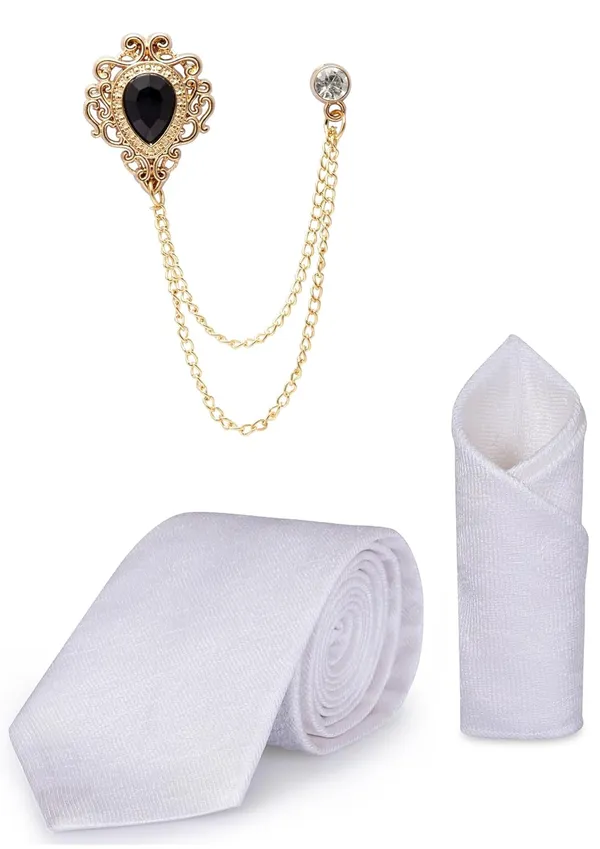 Tie_Set_For_men_Includes_necktie,_matching_pocket_square_&_stylish_crown_brooch_with_chain.