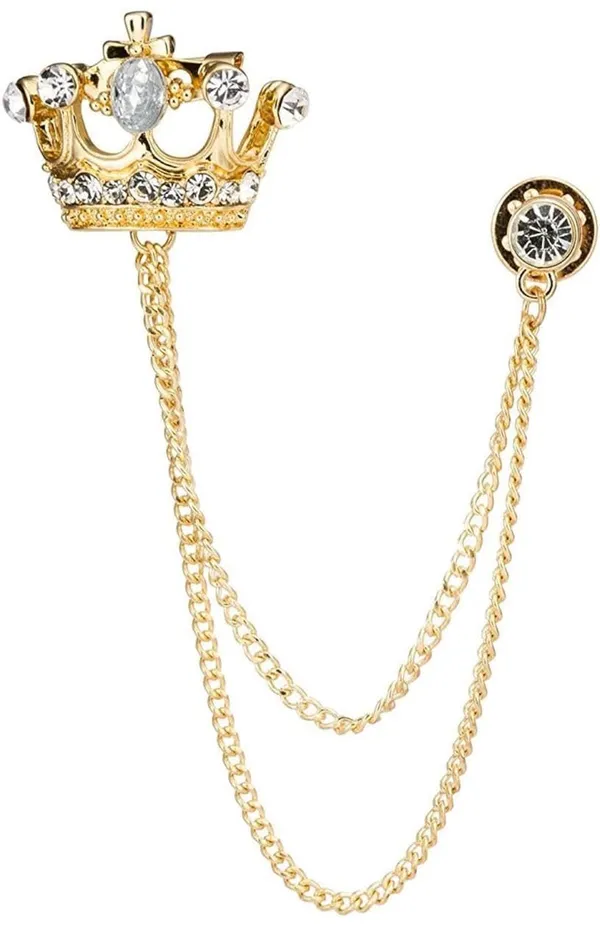 Voxon_Crystal_Crown_Hanging_Chain_Brooch_Suit_Pin,Vintage_Gold_Crown_Brooch,Suit_Stud,Shirt_Studs,Lapel_Pin_Accessories_for_Men_Women_(Pack_of_2)