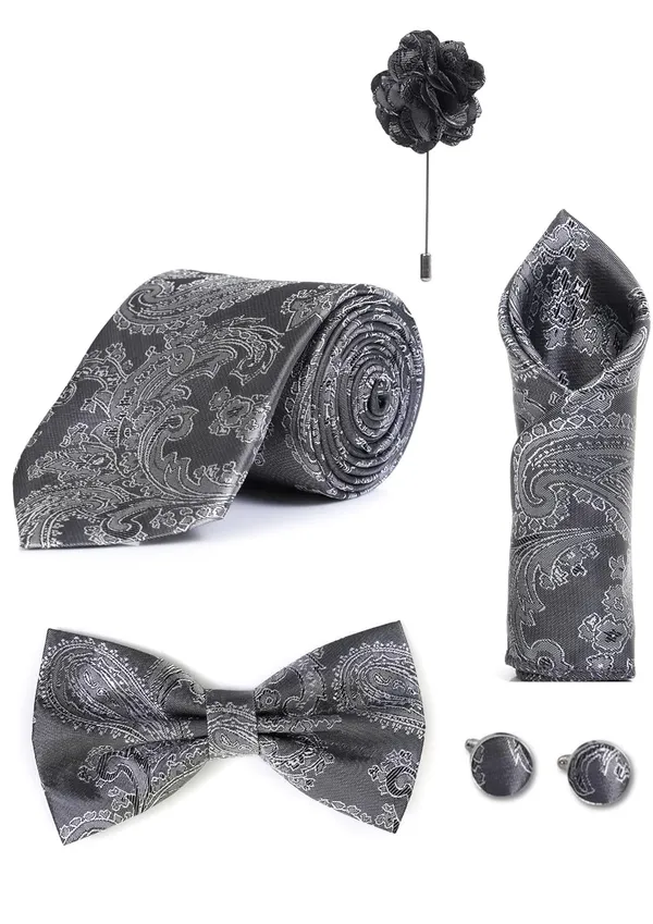 Random_Stripe_Necktie_For_Men_With_Bow_Ties_Lapel_Flowar_&_Cufflinks_Pair_Jacquard_Self-Design_Combo_stylish_Box_(5_items_in_The_Box)