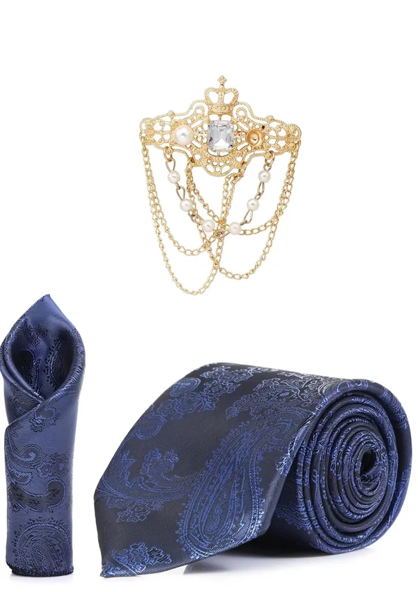 Necktie_With_Stylish_Brooch_&_Pocket_Square_Set_For_Men_(3_Item_in_the_Box)_Jacquard_Self-Design_Fabric