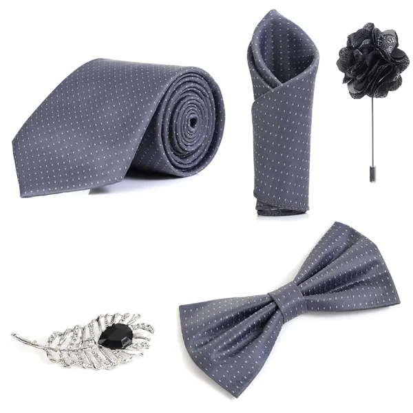 Random_Stripe_Necktie_Set_With_Bow_Tie_Pocket_Square_Lapel_Flowar_&_Lapel_Brooch_(Pack_Of_5_items)