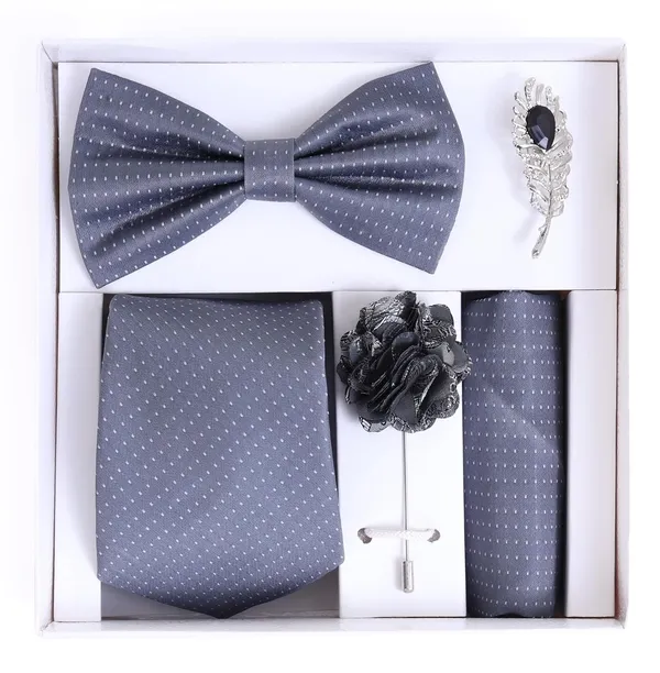 Random_Stripe_Necktie_Set_With_Bow_Tie_Pocket_Square_Lapel_Flowar_&_Lapel_Brooch_(Pack_Of_5_items)