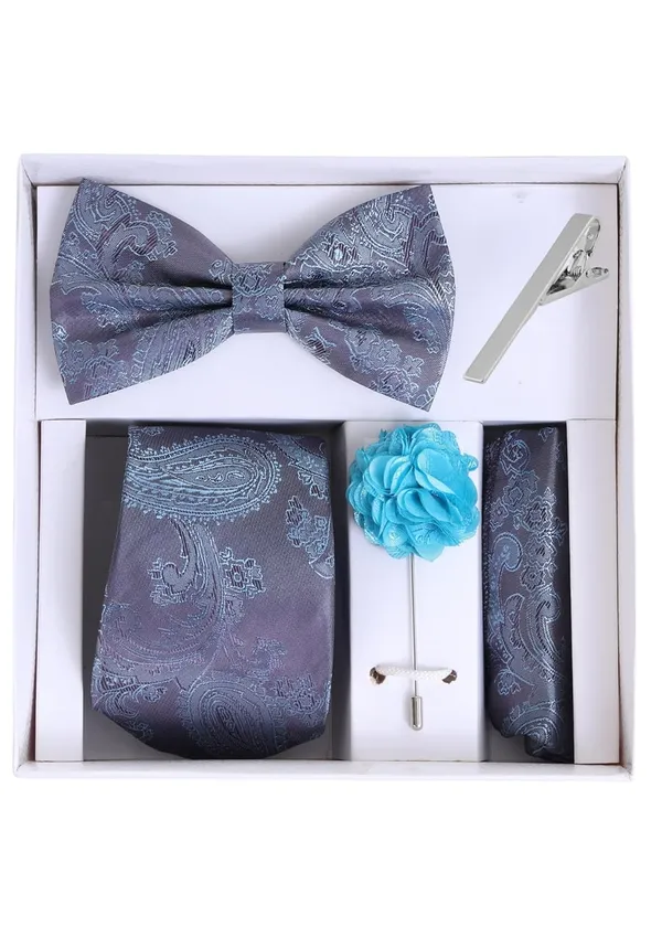 Random_Stripe_Necktie_Set_With_Bow_Tie_Pocket_Square_Lapel_Flowar_&_Lapel_Brooch_&_Cufflink_Pair_&_TiePin_(Three_Type_Combo_Box)