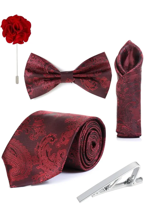 Random_Stripe_Necktie_Set_With_Bow_Tie_Pocket_Square_Lapel_Flowar_&_Lapel_Brooch_&_Cufflink_Pair_&_TiePin_(Three_Type_Combo_Box)