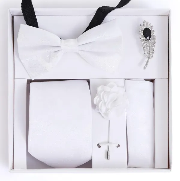 Random_Stripe_Necktie_Set_With_Bow_Tie_Pocket_Square_Lapel_Flowar_&_Lapel_Brooch_&_Cufflink_Pair_&_TiePin_(Three_Type_Combo_Box)