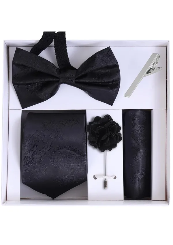 Random_Stripe_Necktie_Set_For_Men_With_Bow_Tie_Lapel_Flowar_&_TiePin_Jacquard_Self-Design_Combo_With_Stylish_Box_Pack_Of_5