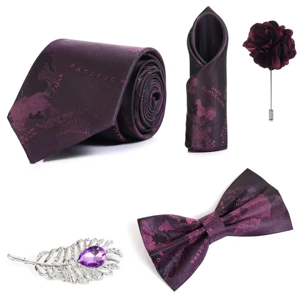 Random_Stripe_Necktie_Set_For_Men_With_Bow_Tie_&_Pocket_Square_Lapel_Pin_Flowar_(Pack_of_5)