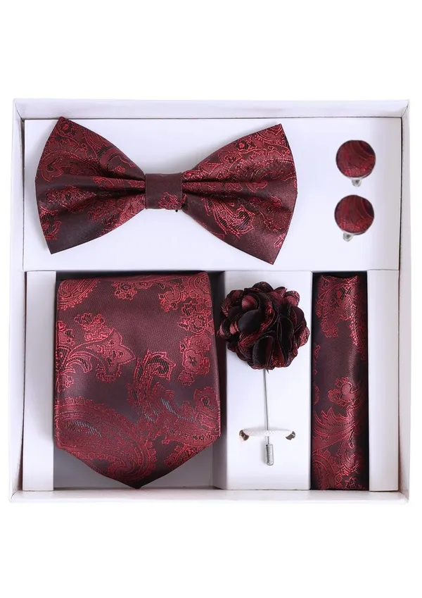 Random_Stripe_Necktie_For_Men_With_Bow_Ties_Lapel_Flowar_&_Cufflinks_Pair_Jacquard_Self-Design_Combo_stylish_Box_(5_items_in_The_Box)