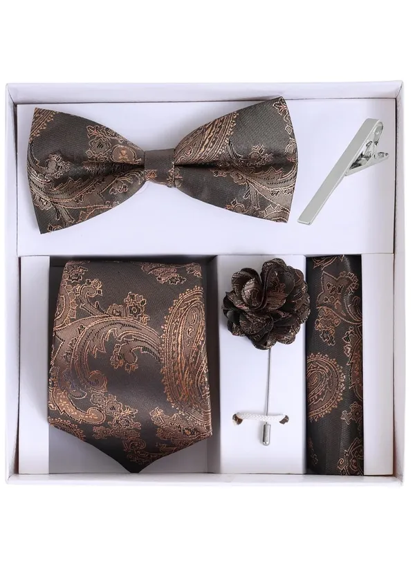 Random_Stripe_Necktie_Set_With_Bow_Tie_Pocket_Square_Lapel_Flowar_&_Lapel_Brooch_&_Cufflink_Pair_&_TiePin_(Three_Type_Combo_Box)