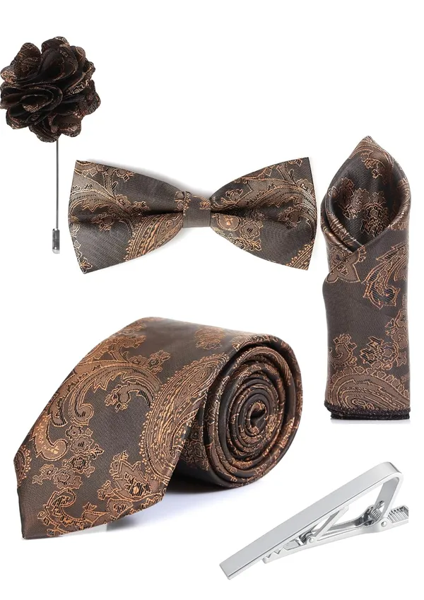 Random_Stripe_Necktie_Set_With_Bow_Tie_Pocket_Square_Lapel_Flowar_&_Lapel_Brooch_&_Cufflink_Pair_&_TiePin_(Three_Type_Combo_Box)