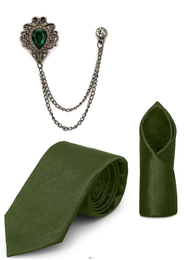 Tie_Set_For_men_Includes_necktie,_matching_pocket_square_&_stylish_crown_brooch_with_chain.