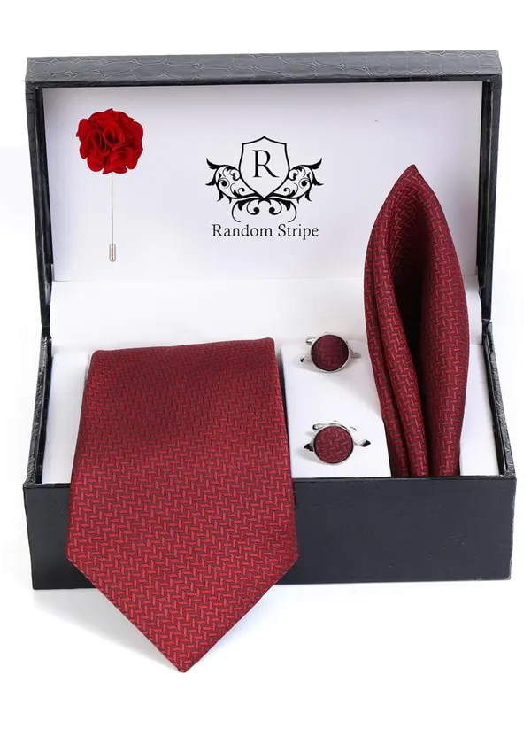 Random_Stripe_Necktie_Set_With_Pocket_Square_Lapel_Pin_Flowar_&_Cufflink_Pair_Pack_Of_4_Ficro_Fiber_Self-Design