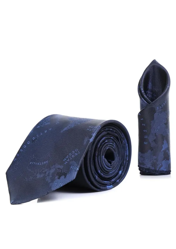 Random_Stripe_Necktie_Set_With_Pocket_Square_&_Double_Chain_Brooch_Pack_Of_3_jacquard_fabric_self_Design_World_Map_Print