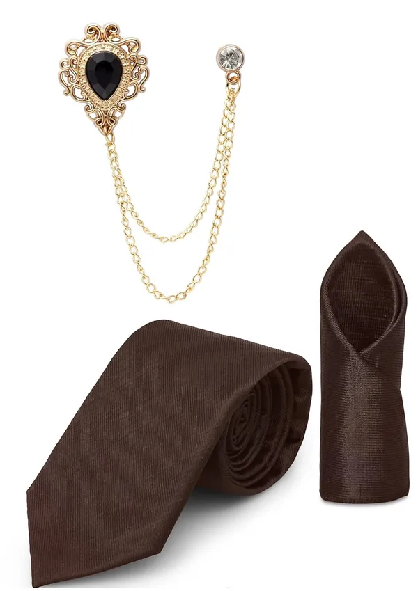 Tie_Set_For_men_Includes_necktie,_matching_pocket_square_&_stylish_crown_brooch_with_chain.