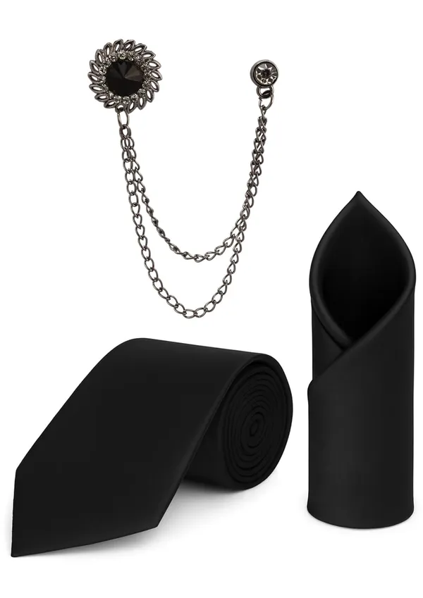 Necktie_With_Pocket_Square_&_Double_Chain_Brooch_Plain_Silk_Fabric_(Pack_of_3)
