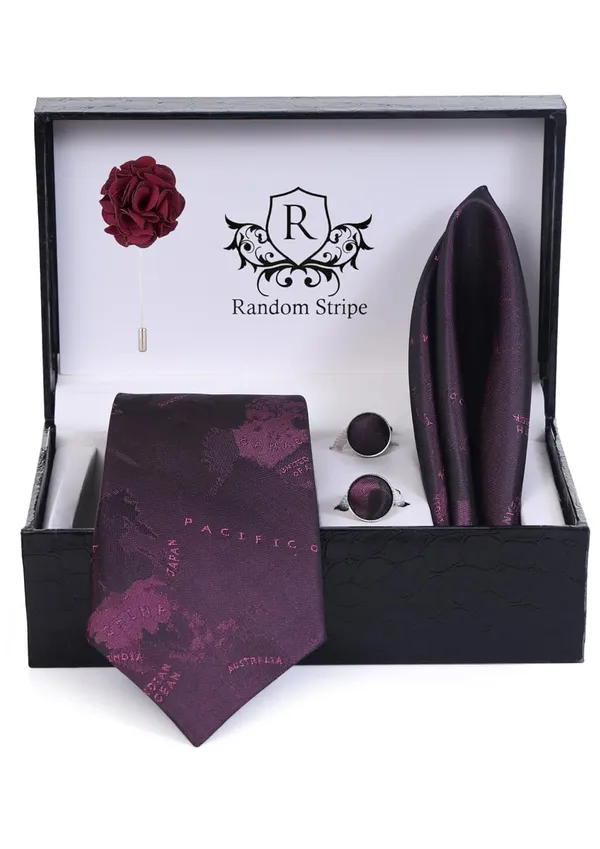 Random_Stripe_Necktie_Set_For_Men_With_Pocket_Square_Lapel_Pin_Flowar_&_Cufflink_Pair_With_Gifted_Box_(4_items_in_Box)