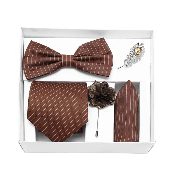 Random_Stripe_Necktie_Set_With_Bow_Tie_Pocket_Square_Lapel_Pin_Flowar_&_Brooch_(Pack_of_5)