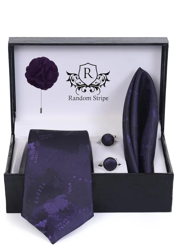 Random_Stripe_Necktie_Set_For_Men_With_Pocket_Square_Lapel_Pin_Flowar_&_Cufflink_Pair_With_Gifted_Box_(4_items_in_Box)