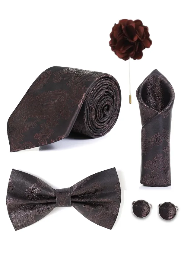 Random_Stripe_Necktie_For_Men_With_Bow_Ties_Lapel_Flowar_&_Cufflinks_Pair_Jacquard_Self-Design_Combo_stylish_Box_(5_items_in_The_Box)