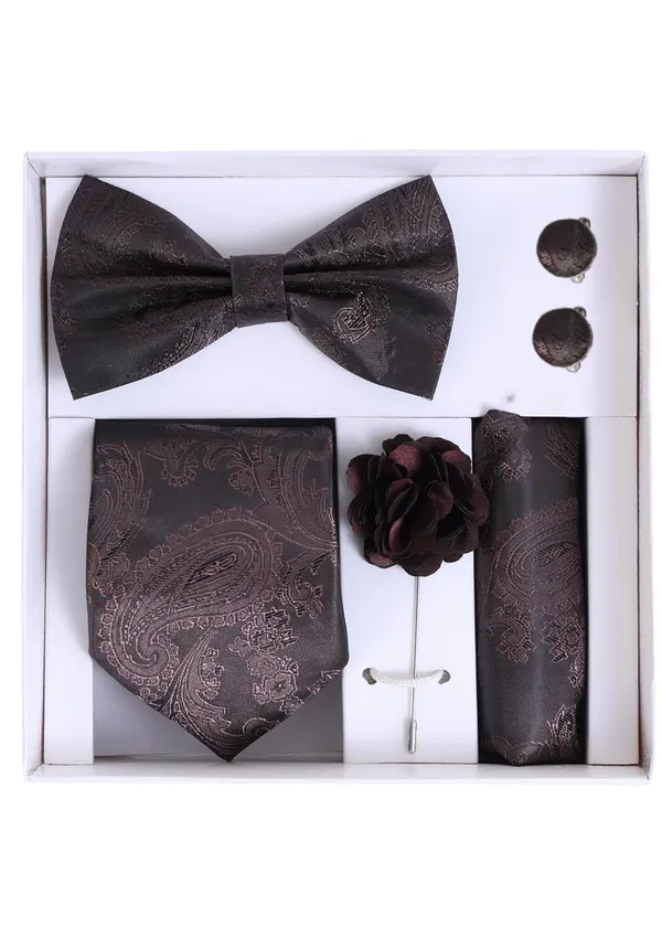Random_Stripe_Necktie_For_Men_With_Bow_Ties_Lapel_Flowar_&_Cufflinks_Pair_Jacquard_Self-Design_Combo_stylish_Box_(5_items_in_The_Box)